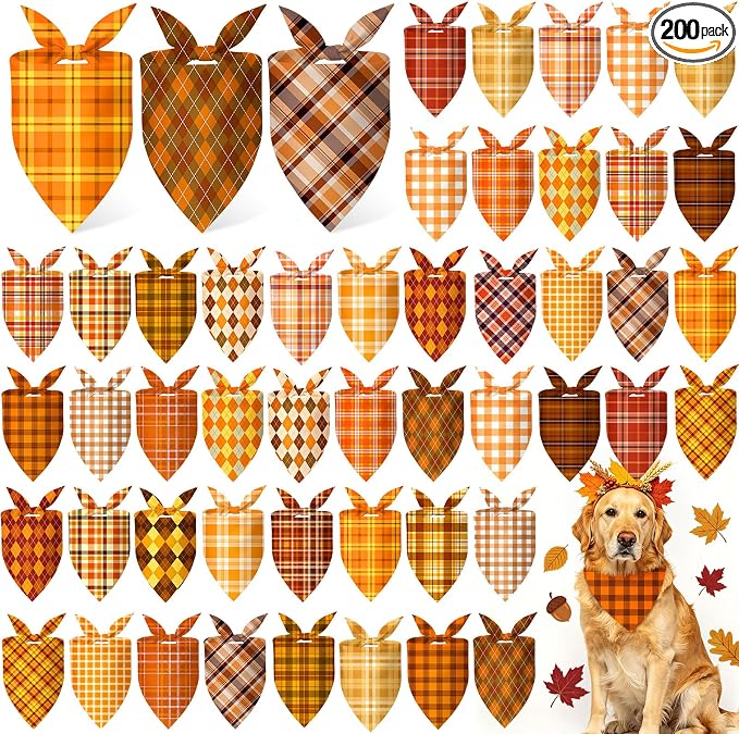 200 Pcs Fall Plaid Dog Bandanas Bulk Autumn Gingham Check Pattern by Jeere
