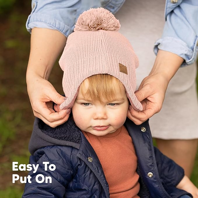 Baby Beanies, Baby Hats for Boys, Girls - Cute Toddler Winter Hat, Soft & Stretchy Beanies for Infant, Newborn 0-6 Months, Cozy & Warm with Earflap Muff & Pom (Blush, S)