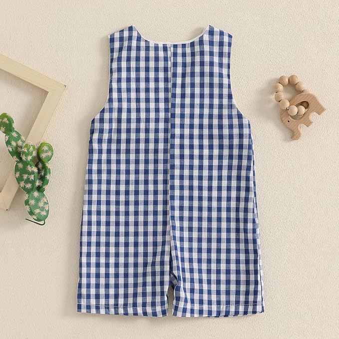 Newborn Baby Boys Sleeveless Seersucker Romper One Piece Straps Overalls - Image 3