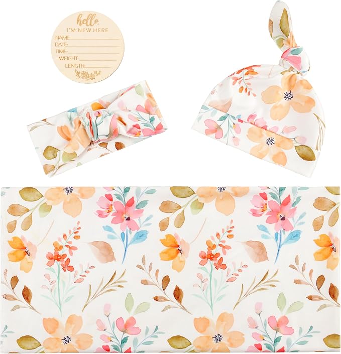 Newborn Baby Swaddle Set Headband Beanie and Name Card - Image 2