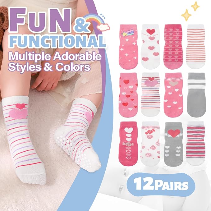 ANTSANG 12 Pairs Baby Girls Boys Toddlers Kids Crew Cotton Grips Socks | Smooth - Image 2