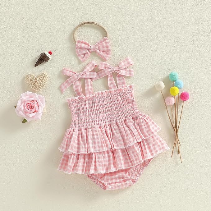 Newborn Baby Girl Summer Clothes Plaid Ruffle Bodysuits Onesie Infant Girl - Image 3