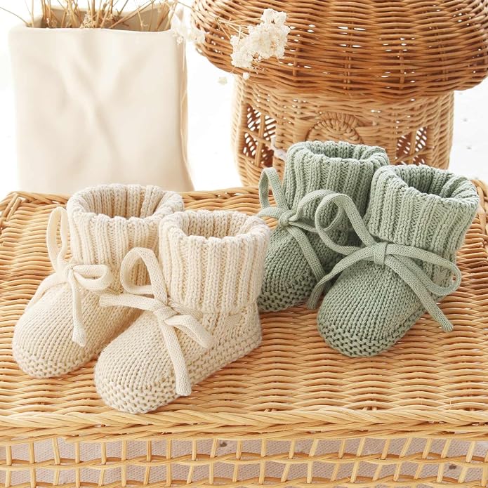 LifeTree Baby Knit Booties-2 Pairs, Cozy Cotton Handmade Crochet Baby Shoes - Image 8