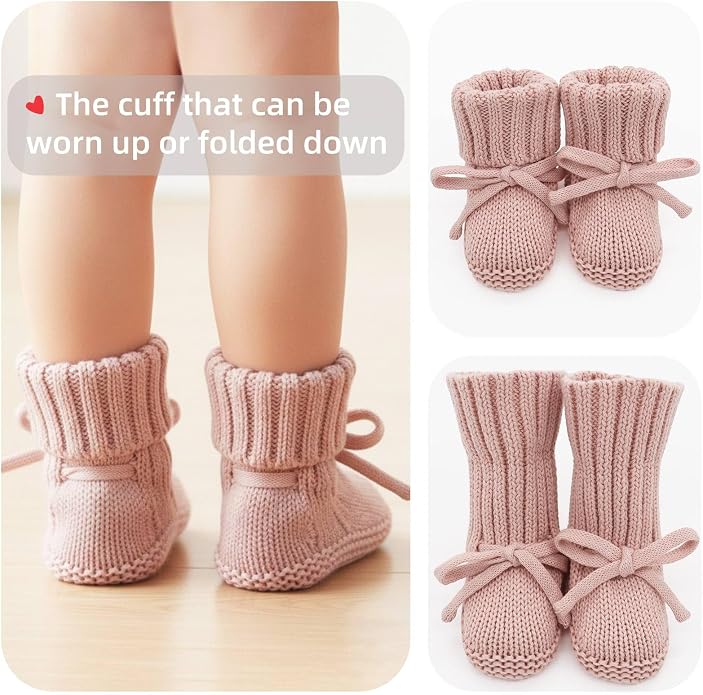 LifeTree Baby Knit Booties-2 Pairs, Cozy Cotton Handmade Crochet Baby Shoes - Image 6