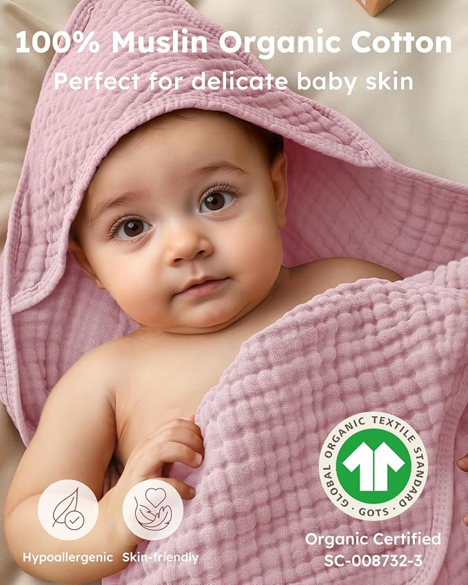 Yoofoss Hooded Baby Bath Towels 2 Pack 100% Muslin Organic Cotton - Image 2