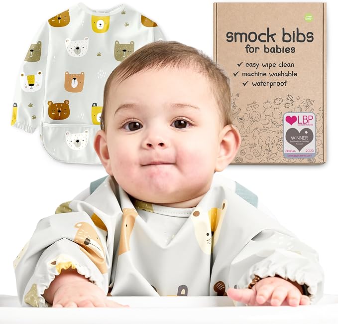 Waterproof Smock Baby Bibs for Eating | Long Sleeve Bib for Baby Led Weaning by Nombear