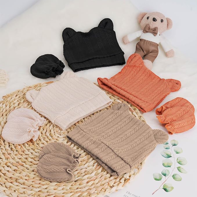BQUBO Newborn Baby Hats Bear Ears and Mittens Sets Preemie Caps Baby Boy Girl - Image 7
