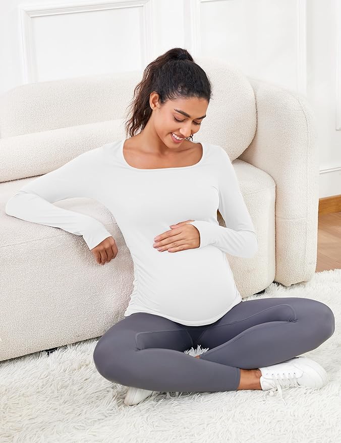 MathCat Maternity Long Sleeve Shirt with Thumbleholes, Maternity Tops Squar Neck Side Ruched Pregnancy Yoga Casual Tee