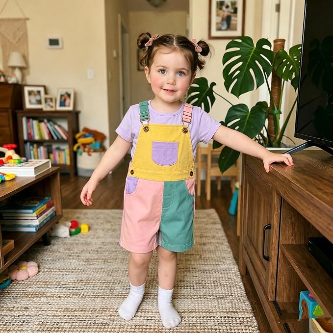 Fernvia Toddler Kids Baby Girl Boy Contrast Color Overalls Shorts Clothes - Image 3