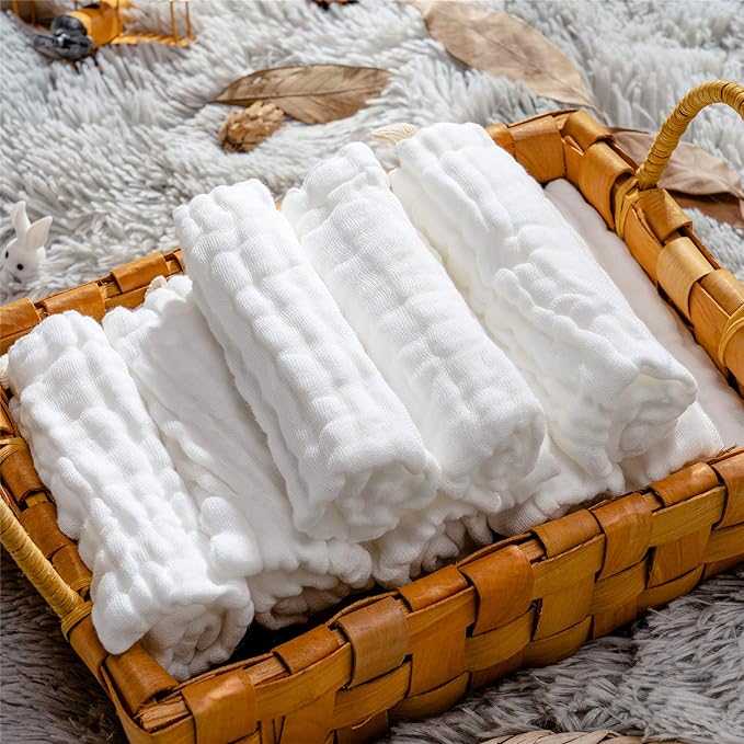 Baby Muslin Washcloths- Natural Cotton Wipes - Soft Newborn Face Towel for Sensitive Skin- Registry as Shower, 10 Pack 12x12 inches by MUKIN (White)