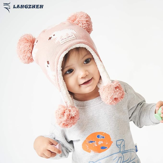 LANGZHEN Toddler Kids Infant Winter Hat,Earflap Knit Warm Cap Fleece Lined Beanie for Baby Boys Girls