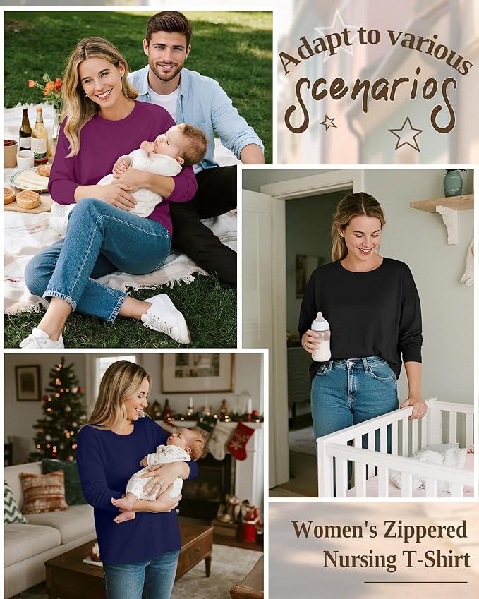 3 Pack Women's Nursing Breastfeeding Tops, Long Sleeve Maternity Shirts Oversize Hidden Zipper Pregnancy Clothes