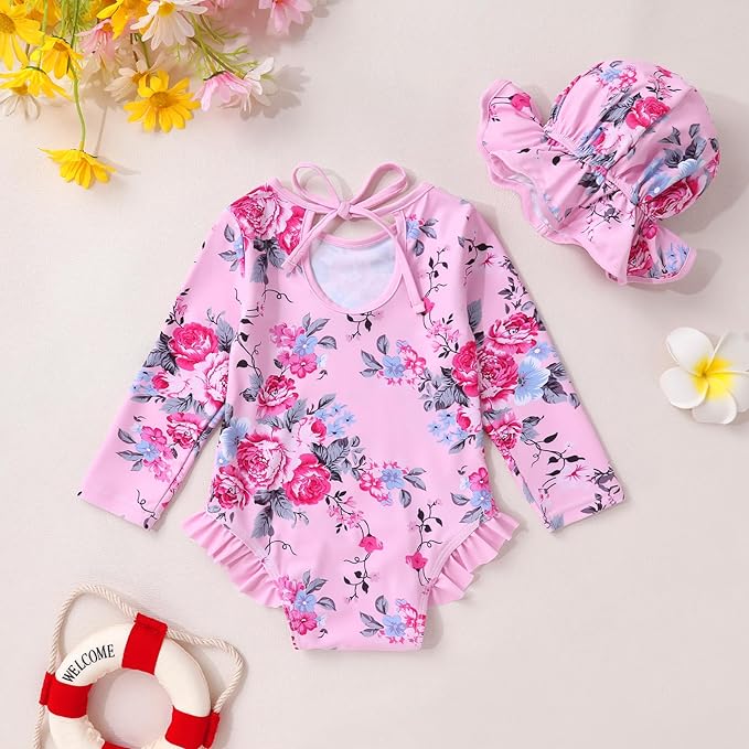 YOUNGER TREE Infant Baby Girls Swimsuit Long Sleeve Swimsuits One Piece Swimsuit Solid Color Bathing Suit with Hat, UPF 50+