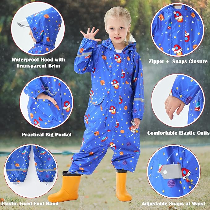 Fewlby Kids Toddler Rain Suit for Boys Girls One Piece Hoodie Zipper Cartoon - Image 3