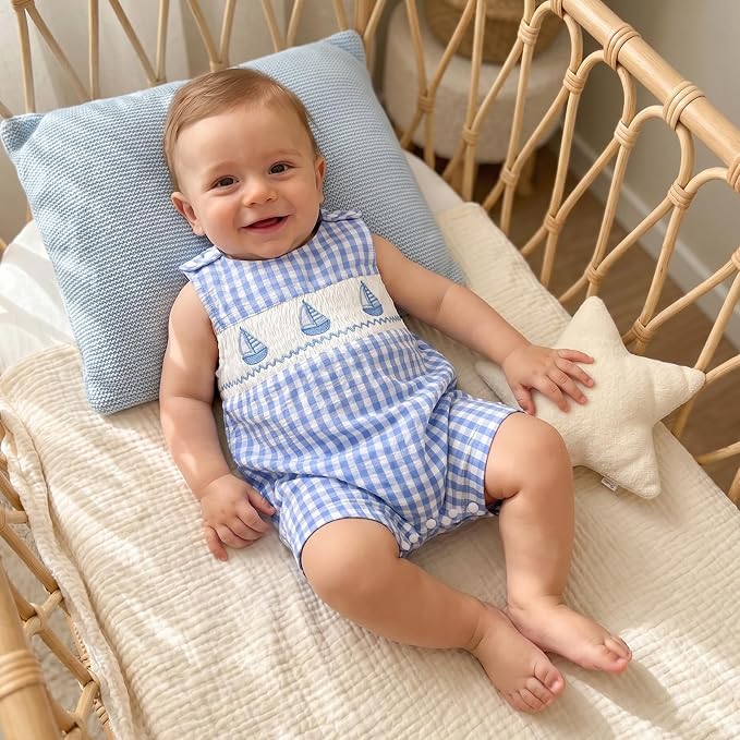 Newborn Baby Boys Sleeveless Seersucker Romper One Piece Straps Overalls - Image 6