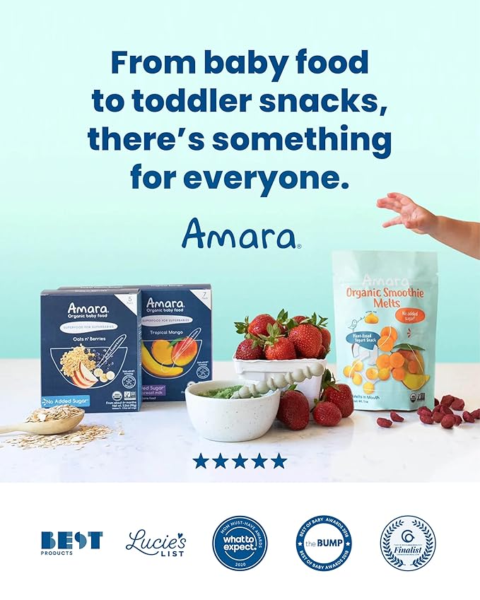Amara Organic Baby Food - Stage 2 - Tropical Mango - Baby Cereal to Mix With Breastmilk, Water or Baby Formula - Shelf Stable Baby Food Pouches Made from Organic Fruit - 14 Pouches, 3.5oz Per Serving