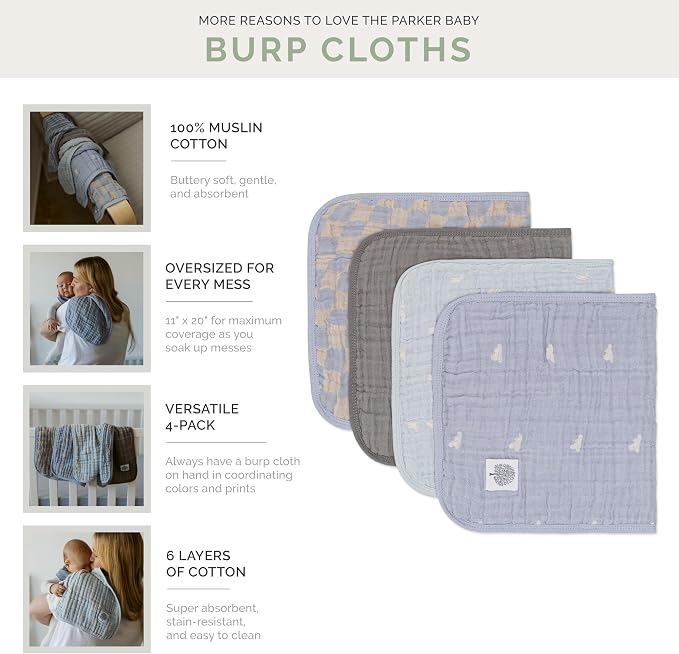 Parker Baby Co. Large 100% Cotton Muslin Burp Cloths, soft burping cloths - Image 7