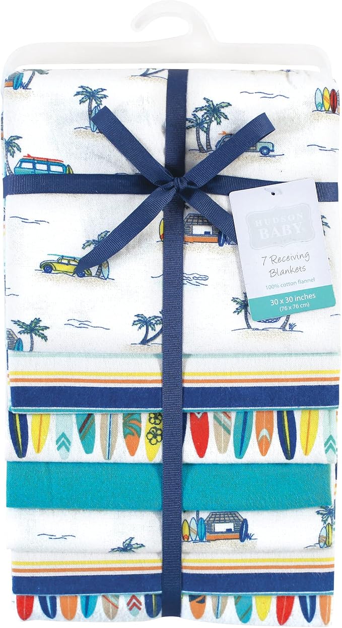 Hudson Baby Unisex Baby Cotton Flannel Receiving Blankets Bundle, Surfer Dude - Image 2