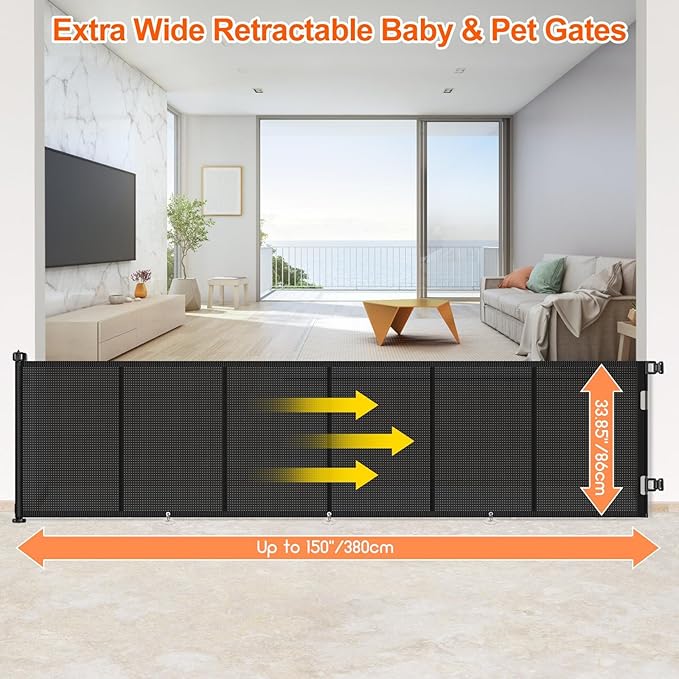 Upgrade 150 inch Retractable Baby Gates, EZIGO Extra Wide Baby Gate for Large Opening Extra Long Mesh Gate for Kids or Pet Dog Gate Child Safety Gate for Stairs Hallways Doorway Indoor Outdoor, Black