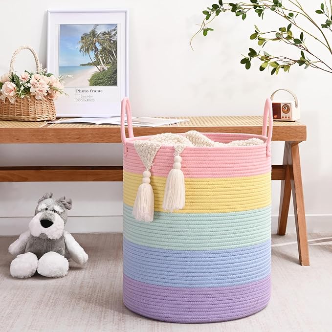 52L Rainbow Storage Basket for Organizing, 15"×18" Large Tall Laundry Baskets, Cotton Rope Woven Blanket Basket, Toy Storage for Kids, Collapsible Laundry Hamper for Living Room, Nursery Room