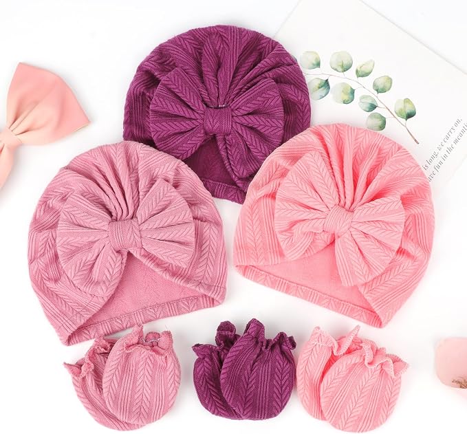 BQUBO Baby Turban Hats and Mittens Set Newborn Infant Hospital Hats Caps - Image 7