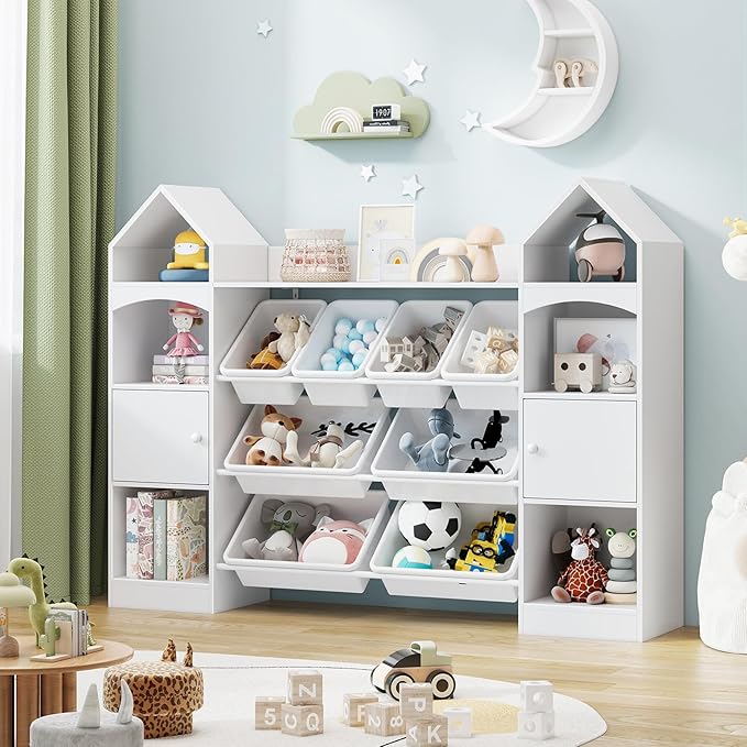 Vabches 55" Castle Shape Children's Toy Storage Organizer,Multifunctional Bookshelf with 8 Plastics Bins, Children's Bookcase with 6 Shelves and 2 cabinets for Playroom,Kid's Room,Living Room.