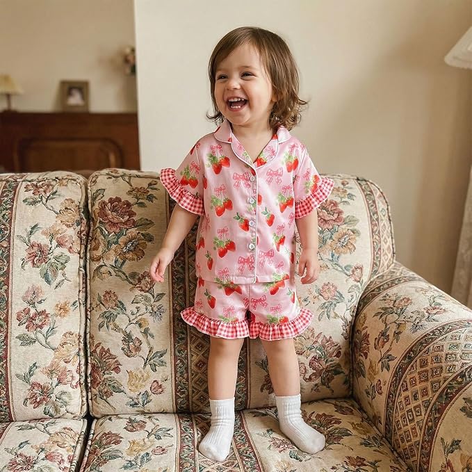 Kuriozud Toddler Baby Girl Pajamas Set Summer Floral Short Sleeve Button Down - Image 2
