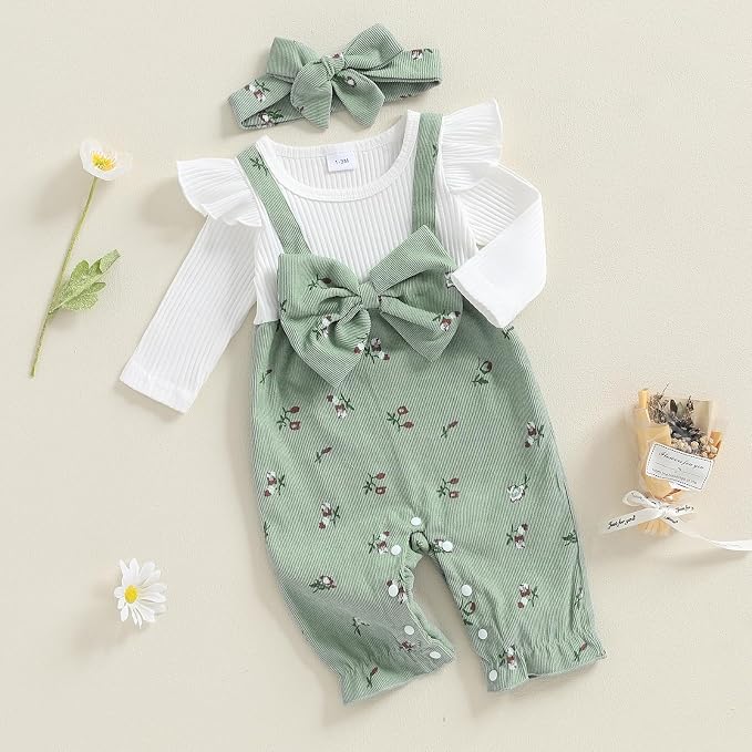 Newborn Baby Girl Clothes Ruffle Sleeve Jumpsuit Corduroy Floral - Image 4