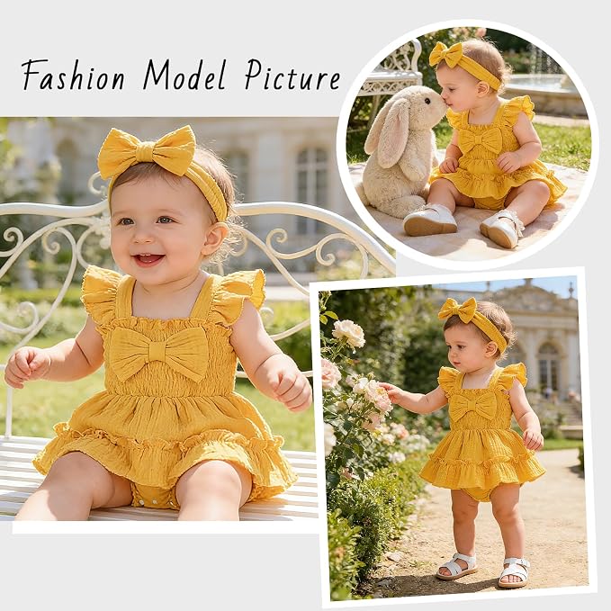Baby Girl Smocked Romper Dress Ruffle Bow Summer Outfit - Image 2