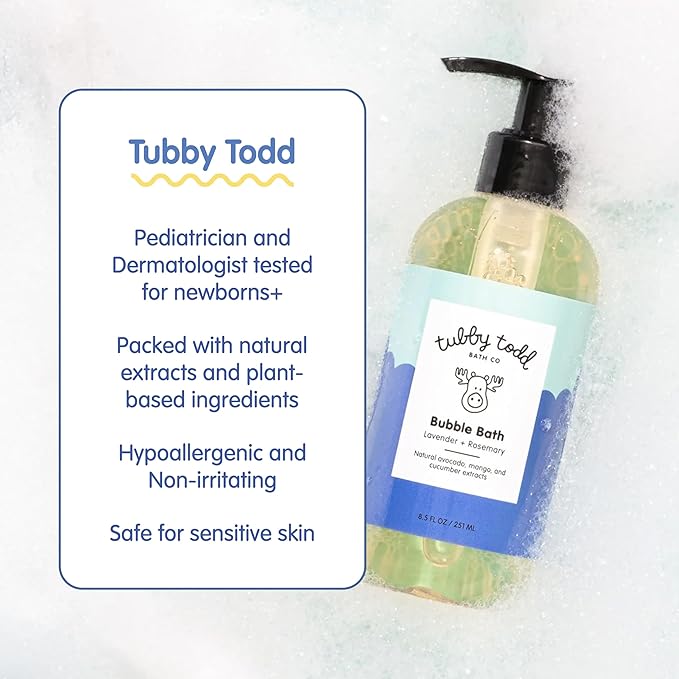 TUBBY TODD Bubble Bath for Kids, Toddlers & Babies - Hypoallergenic, Non-Irritating Sensitive Skin Bubble Bath - 2 Pack, 25 fl oz & 8 fl oz - Fragrance Free