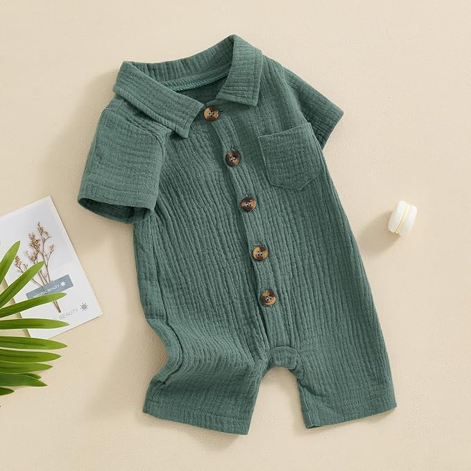Honganda Summer Baby Boy Cotton Linen Jumpsuit Short Sleeve Button Down - Image 2