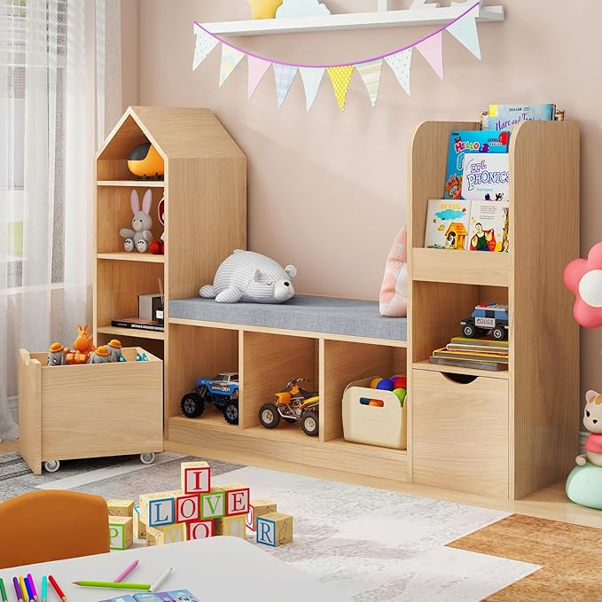 Vabches Kids Bookcase with Reading Nook, Oak Bookshelf with 7 Storage Cubbies & 2 Movable Drawers, Seat Cushion for Toy Storage, Children's Bedroom