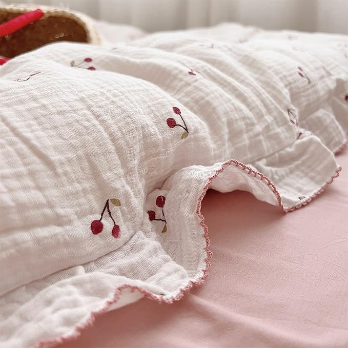 AOJIM Pink Cotton Muslin Kids Toddler Pillowcase Super Soft Baby Crib Bedding Pillowcase with Ruffle Edges Machine Washable Cherry Nursery Pillowcase for Boys Girls, Durable Kids Pillow Cover, 26*20''