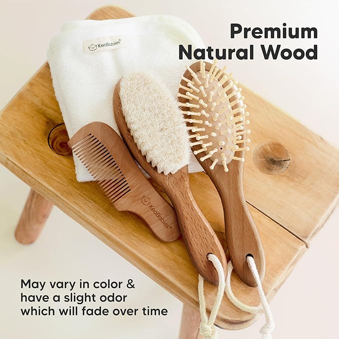 Wooden Baby Hair Brush - Cradle Cap Baby Brush with Soft Goat Bristles, Perfect Gentle Scalp Newborn Comb for Infant, Girls, Boys, Bath Essentials(Dark Walnut, Oval)