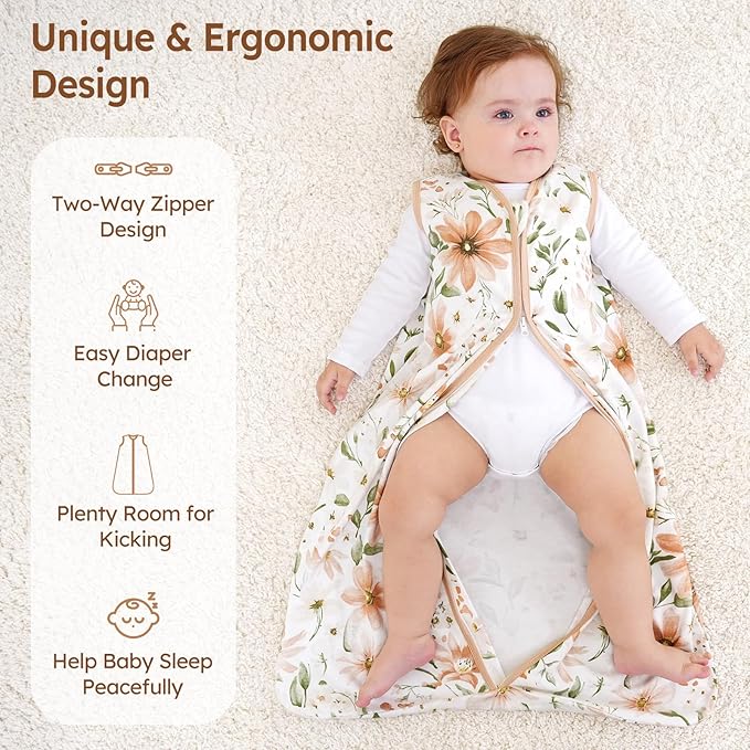 Baby Sleep Sack 6-12 Months 100% Cotton Lightweight 0.5 TOG Wearable Blanket Baby Sleep Bag with 2-Way Zipper for Newborn Infant Orange Flowers