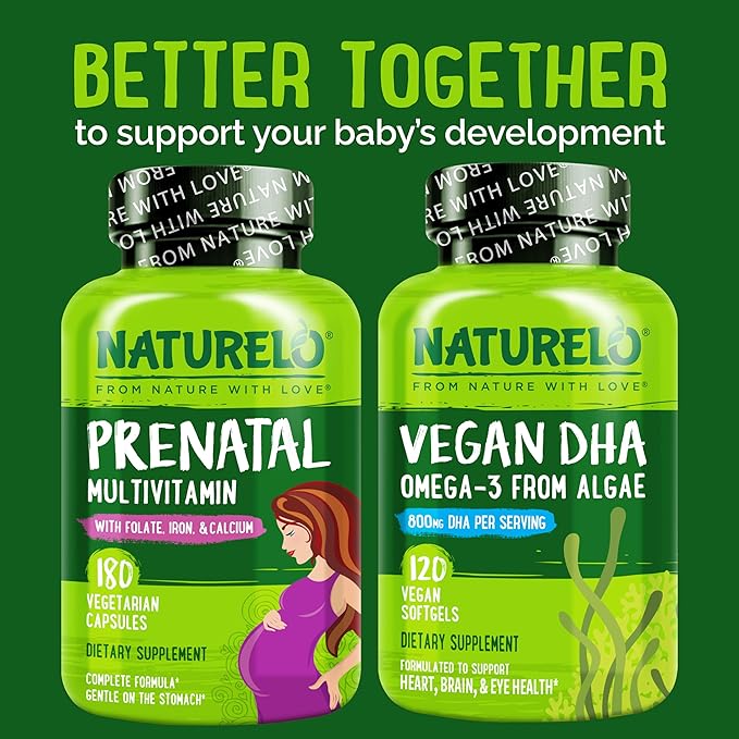 NATURELO Prenatal Multivitamin with Gentle Chelated Iron, Methyl Folate, Plant Calcium & Choline - Vegan, Vegetarian - Non-GMO - Gluten Free - 180 Capsules - 2 Month Supply