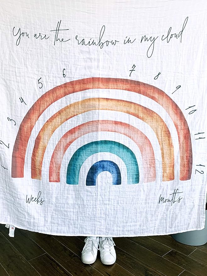 100% Organic Cotton Muslin Monthly Baby Milestone Blanket with Wooden Hello World Newborn Sign, Newborn Photography Props, Birth Announcement Sign, Rainbow