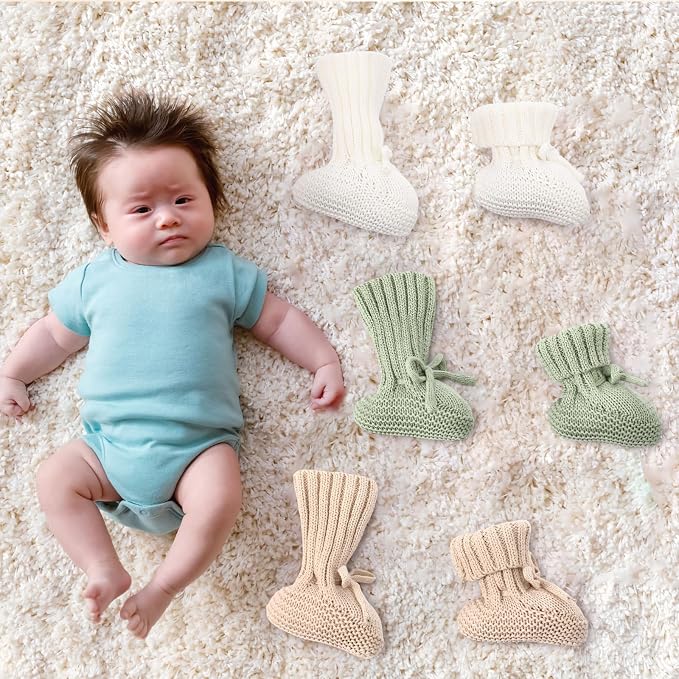 Evervibe 3 Pair Knitted Baby Booties | 100% Cotton, 0-6 Months Newborn - Image 6