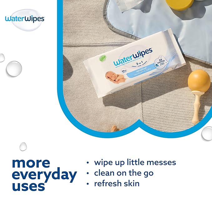 WaterWipes Sensitive+ Newborn & Baby Wipes, 3-In-1 Cleans, Cares, Protects, 99.9% Water, Unscented & Hypoallergenic, 60 Count
