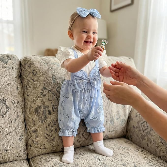YINGISFITM Newborn Baby Girl Summer Clothes Short Sleeve Bubble Romper Bow - Image 2