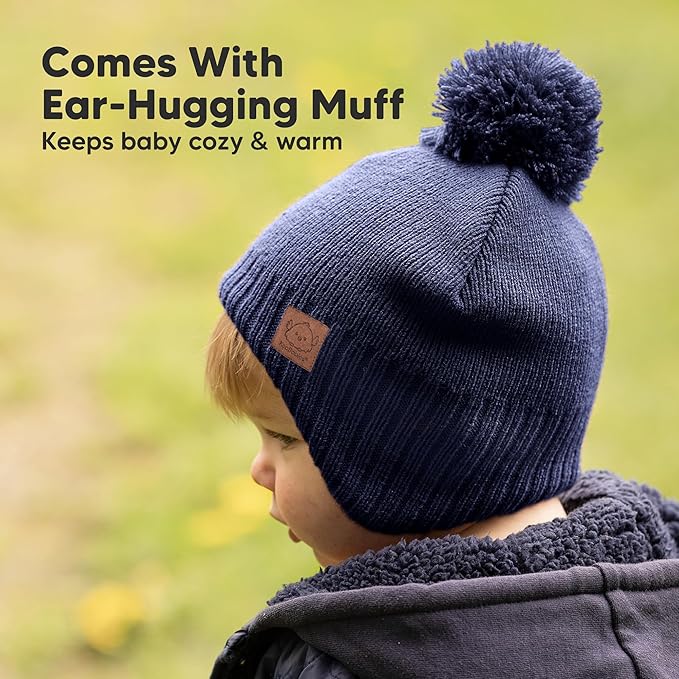 Baby Beanies, Baby Hats for Boys, Girls - Cute Toddler Winter Hat, Soft & Stretchy Beanies for Infant, Newborn 6-36 Months, Cozy & Warm with Earflap Muff & Pom (Navy)