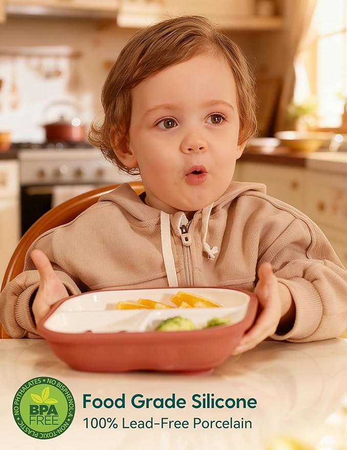 BABELIO 8'' Toddler Porcelain Plates with Silicone Suction Sleeves, Lead & BPA Free, Divided, Microwave & Dishwasher Safe, Stay Put, Suitable for Kids/Babies, Silver Gray