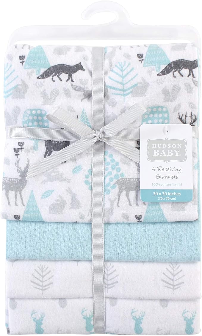 Hudson Baby Unisex Baby Cotton Flannel Receiving Blankets, Linocut Woodland - Image 2