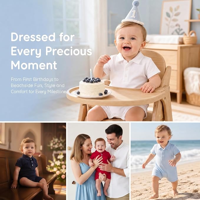 DEFAHN Baby Boy Polo Romper Short Sleeve Collared One-Piece Outfit 0-24M - Image 3