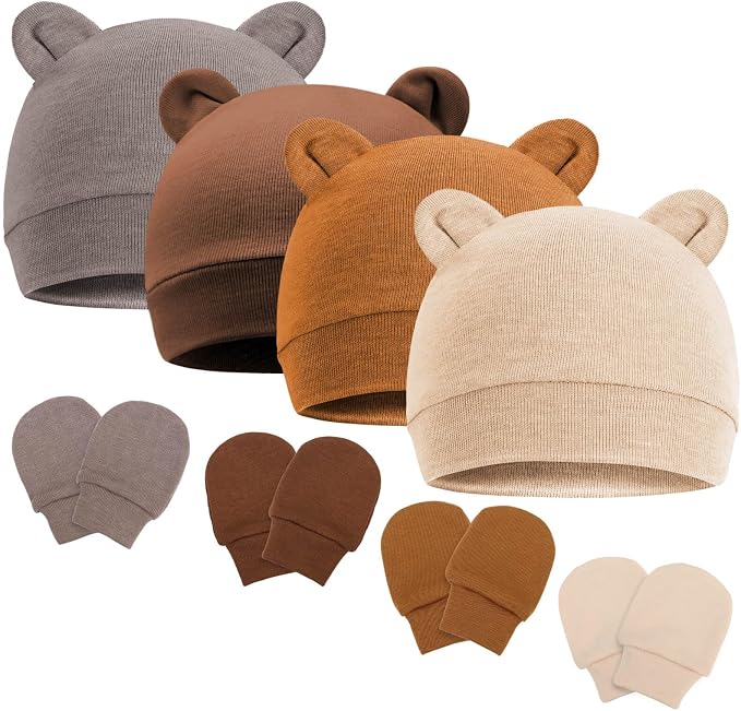 Newborn Baby Hat and Mittens Set Bear Ears Toddler Infant Beanie Caps Newborn by AQOKKA
