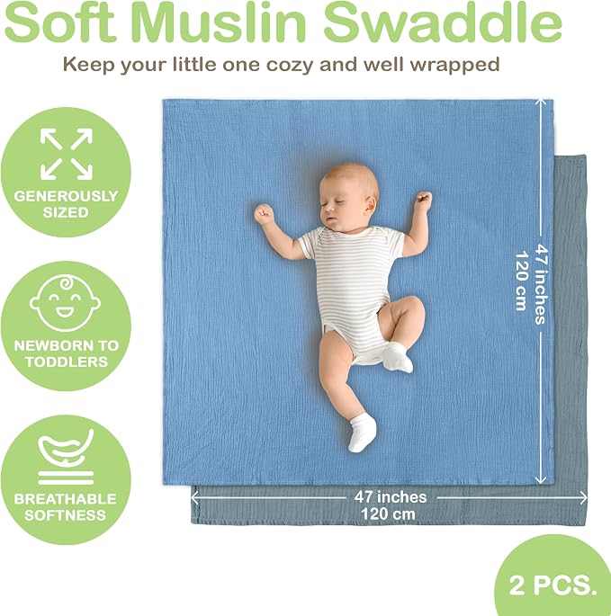 100% Organic Cotton 2 PK Muslin Swaddle Receiving Blanket 47x47 in | Oeko-TEX - Image 4