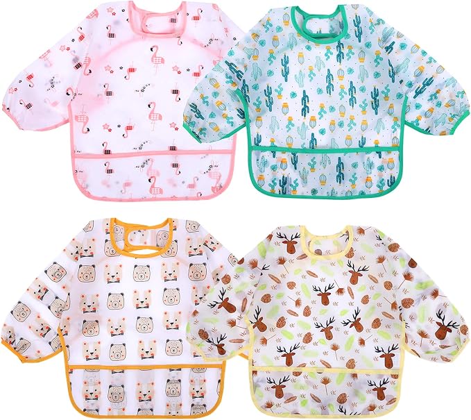 Accmor 4 Pack Long Sleeve Bibs, Baby Smock Waterproof Full Sleeved Bib by Accmor