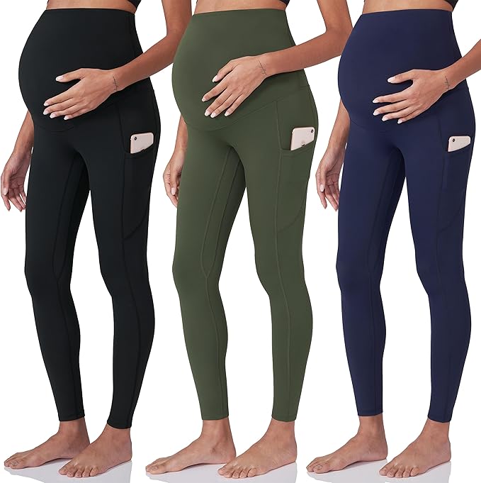 POSHDIVAH 3 Pack Women's Maternity Workout Leggings Over The Belly Pregnancy Yoga Pants with Pockets