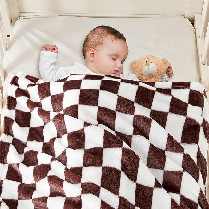 Yurhap Checkered Baby Blanket Fleece Baby Blankets Neutral - Image 3