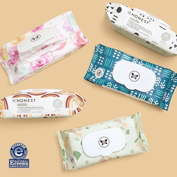 The Honest Company Clean Conscious Multi-Use Wipes Hypoallergenic and Unscented for Sensitive Baby Skin Over 99% Water Compostable Plant Based Baby Wipes Rainbow 60 Count